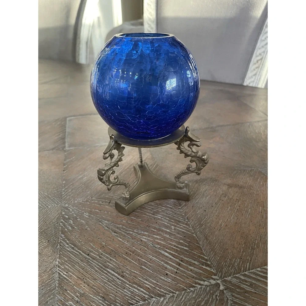 Vintage Cobalt Blue Crackle Glass Rose Bowl on Brass Tripod‎ Base Stand 7